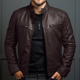 Mens Leather Motorcycle Jacket With Stand Collar